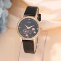Women's quartz watch with rose gold case, black leather strap and cherry blossom dial - Black