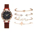 5-piece women's quartz watch and rose gold bracelets set with starry sky dial design - Watch And Bracelet / Red