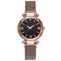 Detail of rose gold starry sky watch with magnetic mesh strap and faceted glass - Single Watch / Coffee