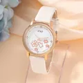 Detail of white leather watch strap and rose gold dial with pink cherry blossom pattern - White