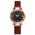 Detail of rose gold quartz watch with starry sky dial and red Milanese mesh magnetic strap - Single Watch / Red