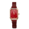 Detail view of rectangular rose gold quartz watch with red dial and mesh band - Red