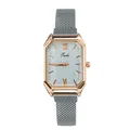 Macro shot of an octagonal rose gold quartz watch with a grey sunray dial and mesh band - White