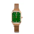 Detailed view of women's emerald green octagonal watch with rose gold Milanese mesh band - Green
