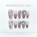 Handmade purple marble press-on nails set with luxury opal rhinestones and gems - Extra Small (XS)