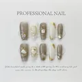 Handmade press-on nails set in elegant cream and taupe with gold foil and 3D pearl accents - 542-Pearl Gold Edge
