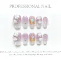 Detail of handmade purple gradient press-on nails with 3D resin roses and pearls - Provence / Extra Small (XS)