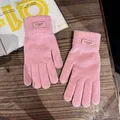 Nahaufnahme rosa Strickhandschuhe mit Rippbündchen und Modelabel auf einem Holztisch - Einheitsgröße / Rosa
