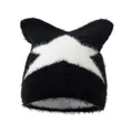 Black and white faux mink fur cat ear beanie with large star jacquard knit pattern - M (54-59cm) / Black