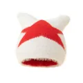 Detail of plush faux mink knit beanie featuring red star jacquard and cat ear design - M (54-59cm) / White