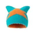 Star pattern faux mink fur knit beanie with cat ears in blue and orange contrast - M (54-59cm) / Lake Blue