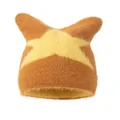 Brown cat ear knit beanie with yellow star pattern in soft faux mink fur for winter - M (54-59cm) / Yellow