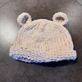 Close-up of thick beige chenille knit hat with cute bear ears and soft texture detail - M / Beige
