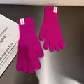 Detail von rosapinkfarbenen Plüsch-Strickhandschuhen mit weichem Fell und Stoffetikett - Einheitsgröße / Fuchsia