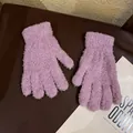 Detailed view of light purple plush knit gloves with ribbed cuffs for winter warmth - Adult / Purple