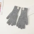Detaillierte Textur grauer Strickhandschuhe mit dekorativem weißem Webetikett - Einheitsgröße / Dunkelgrau