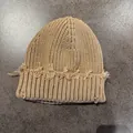 Detail of khaki ribbed knit beanie featuring vintage distressed ripped edge and frayed texture - M (54-59cm) / Khaki