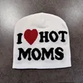 Detailed close-up of the knitted white beanie featuring 'I HOT MOMS' text and red heart - I ❤️ HOT MOMS Style / White