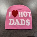 Detailed knit texture of pink beanie featuring white I Love Hot Dads jacquard letters - I ❤️ HOT DADS Style / Pink