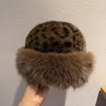 Winter faux fur leopard print bucket hat with warm plush ear protection for women - M (55-58cm) / Leopard Print