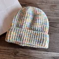 Detailed view of chunky mixed-color knit beanie texture in soft pastel rainbow tones - M(55-59cm) / Green Pink