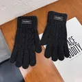 Detalle de guantes de punto negros de invierno con etiqueta Classic sobre madera - gris oscuro