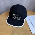Detail of West Coast Skating 5-panel camper cap with white 3D embroidery on black canvas - Black