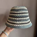 Close-up of the striped knit bucket hat showing detailed crochet texture and hollow weave - Blue White Gray