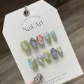 Handmade press-on nails with 3D stars and pearls in light green and pink baroque style - L / Sage Green/Silver