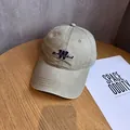 Detail of embroidered navy letter W on khaki washed cotton vintage baseball cap - Adjustable / Khaki