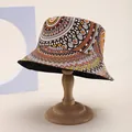 Retro Bohemian bucket hat with mandala patterns on a wooden display stand - M (55-58cm) / Coffee
