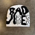 Detailed knit texture and jacquard lettering on the Bad Vibes street style beanie - M (52-59) / White and Black Letters