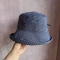 Close-up of navy blue checkered bucket hat fabric and stitched brim detail - M (56-59cm) / Navy Blue