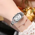 Elegant rectangular silver mesh watch and rose gold bracelet set for women with lace background - Silver