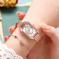 Close-up of rose gold square watch with mesh strap and matching crystal bracelet - Rose Gold White