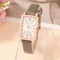 Elegant rectangular rose gold watch with grey leather strap and sunray dial for women - Gray