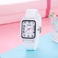Simple square quartz watch with white silicone strap and clear Arabic numeral display - White