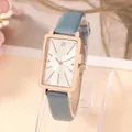 Orologio al quarzo rettangolare da donna con cassa in oro rosa e cinturino in pelle blu grigio - Celeste