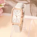Women's quartz watch with rose gold rectangular case and white leather strap - White