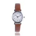 Classic women quartz watch with brown leather strap and white minimalist dial - Coffee