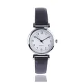 Minimalist women's quartz watch with black leather strap and silver case on white background - Black