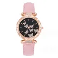 Women's quartz watch with pink suede strap and rose gold butterfly dial with crystals - Pink