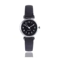Minimalist women quartz watch with black leather strap and silver round dial numerals - Black Strap Black Dial