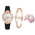 Damen-Uhr-Set in Roségold mit schwarzem Lederband und Sternen-Armband in einer Geschenkbox - Schwarz