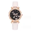 Women's quartz watch with rose gold butterfly dial and cream leather strap in main view - White