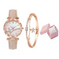 Elegant rose gold watch and bracelet set with butterfly theme in a pink gift box - Beige