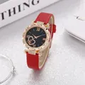 Women's rose gold watch with red leather strap, rhinestone bezel and heart-pattern dial - Black Dial Red Strap