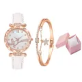 Women's rose gold watch set with butterfly accents and five-piece jewelry gift box - White