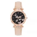 Orologio donna al quarzo con quadrante farfalla, cassa oro rosa e cinturino in pelle - Beige
