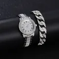Luxe zilveren horloge en armband set met volledige kristallen en Romeinse cijfers - Romeinse Wijzerplaat Zilver met Hip Hop Armband
